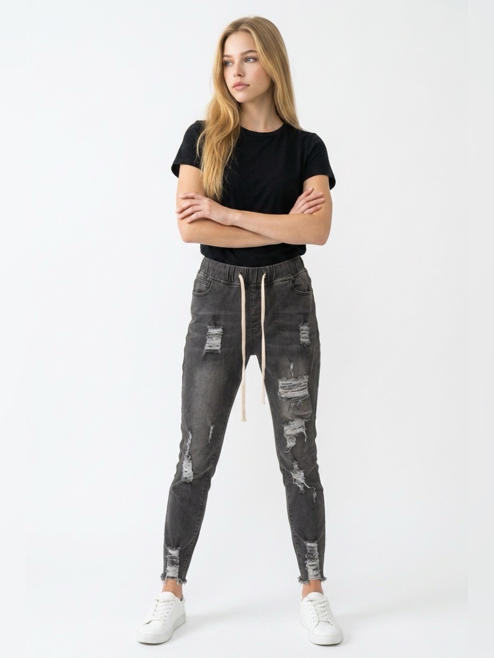 Women’s Distressed Slim Jogger Jeans - Charcoal